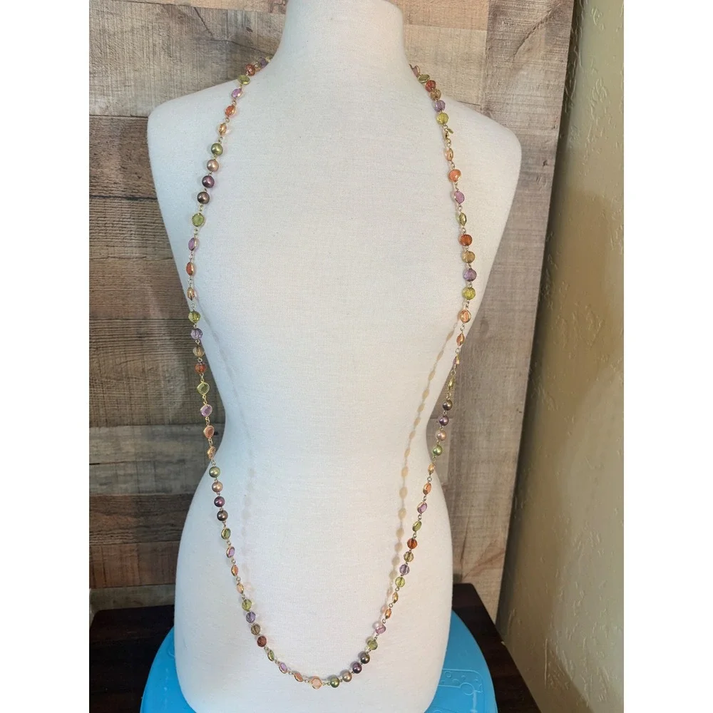 Multi Color Crystal Faux Pearl Long Station Necklace Gold Tone 42 Inch